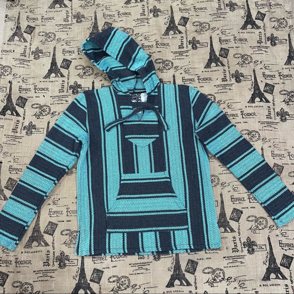 Original Senor Lopez Green/Black Striped Hoodie Mexican Baja Woven Poncho Size S